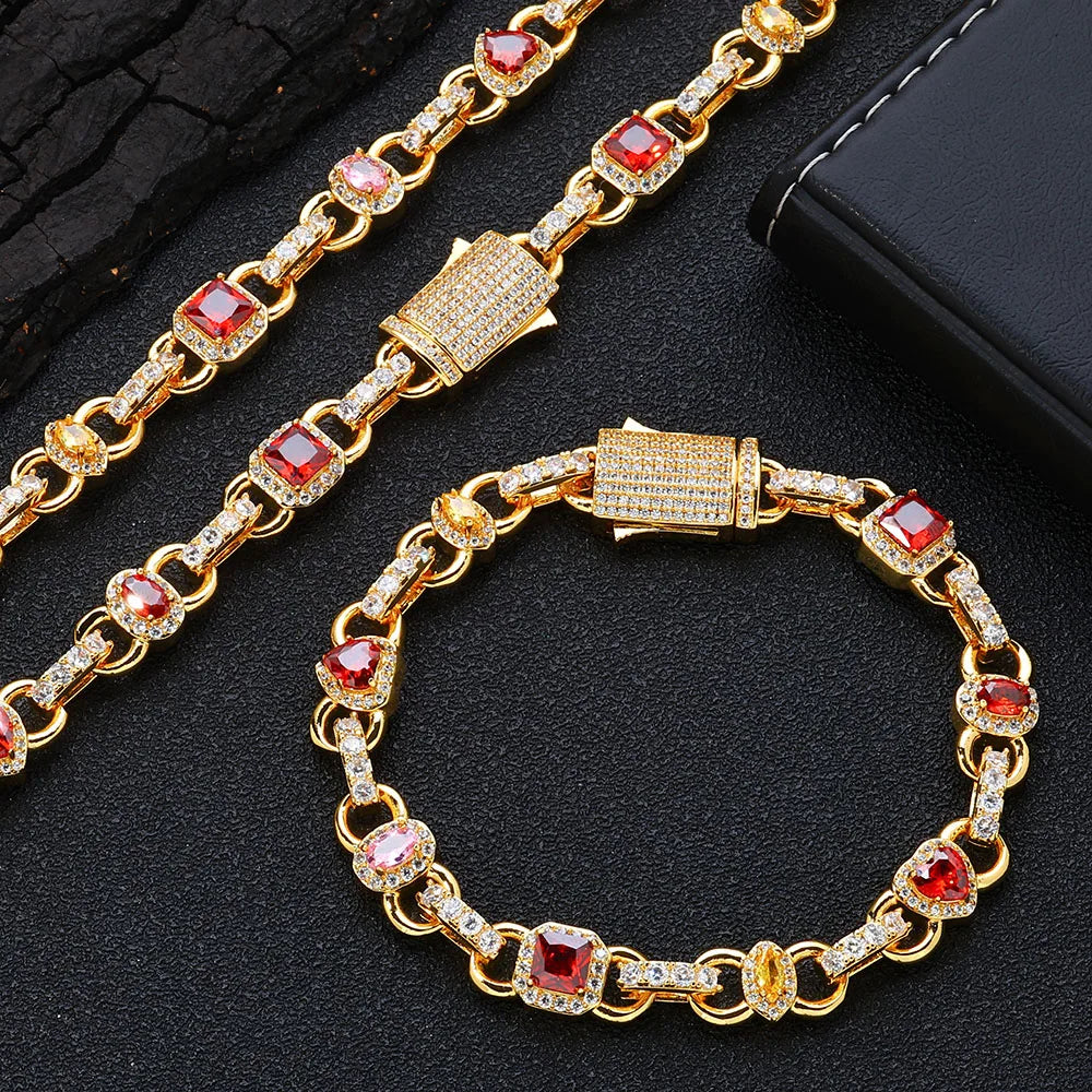 Gold Iced Out Heart Cuban Chain Necklace Colorful