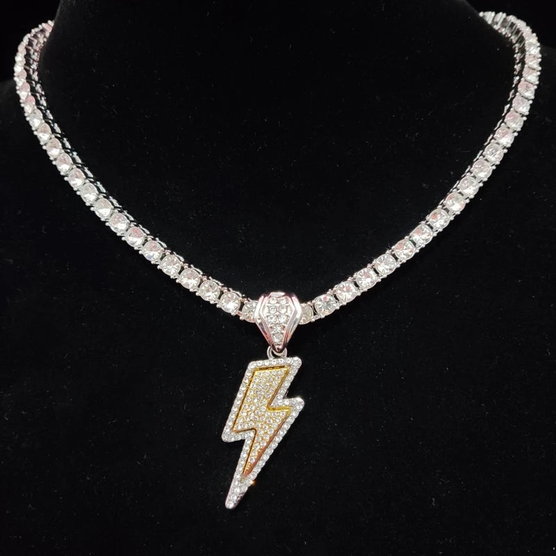 Hip Hop Lightning Pendant Necklace with 4mm Zircon Tennis Chain Iced out Bling HipHop Necklaces for Men Women fashion jewelry