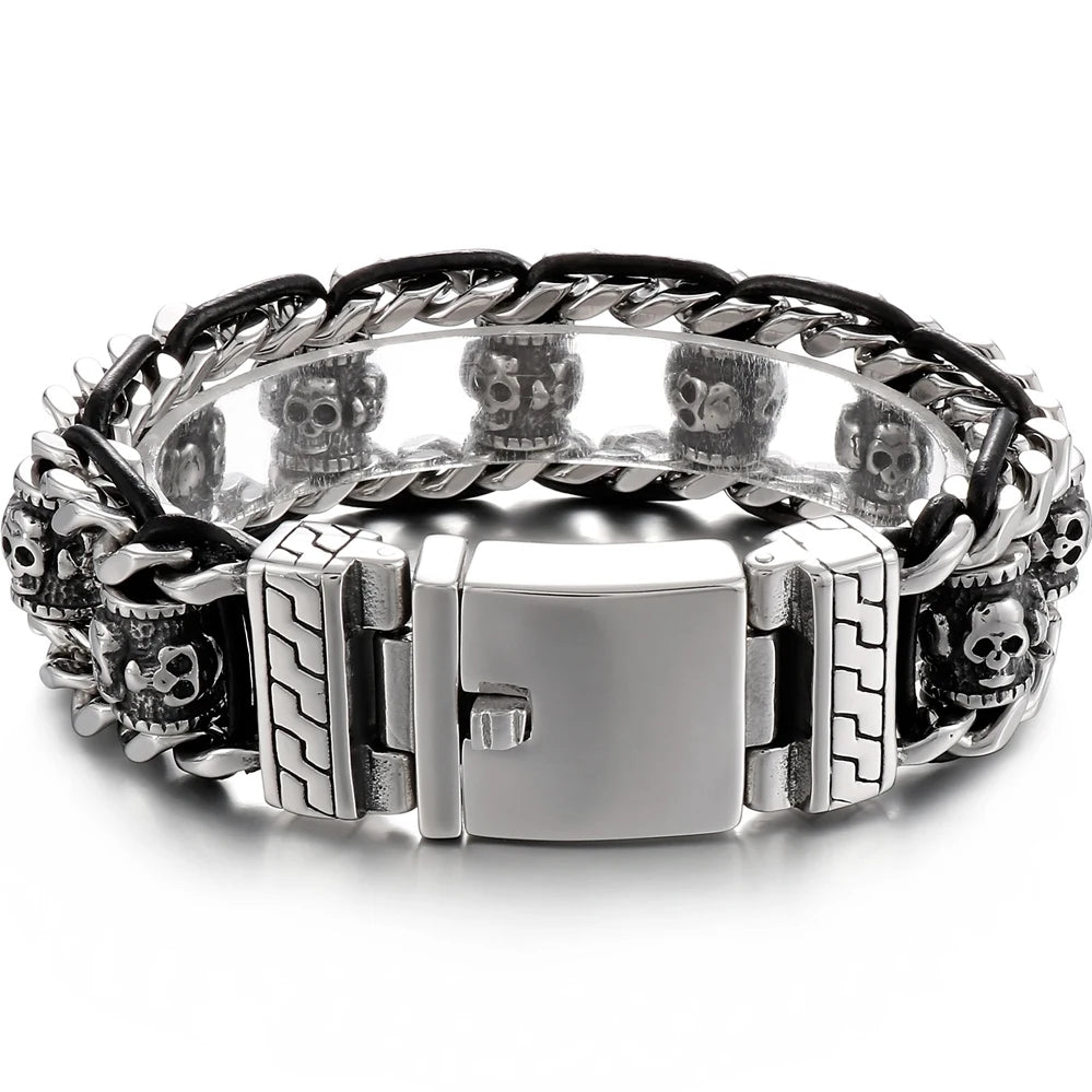 Cool Men‘s Stainless Steel Braided Rope Dragon Bone & Skull Head Bracelet for Man Religious Scripture Bracelets