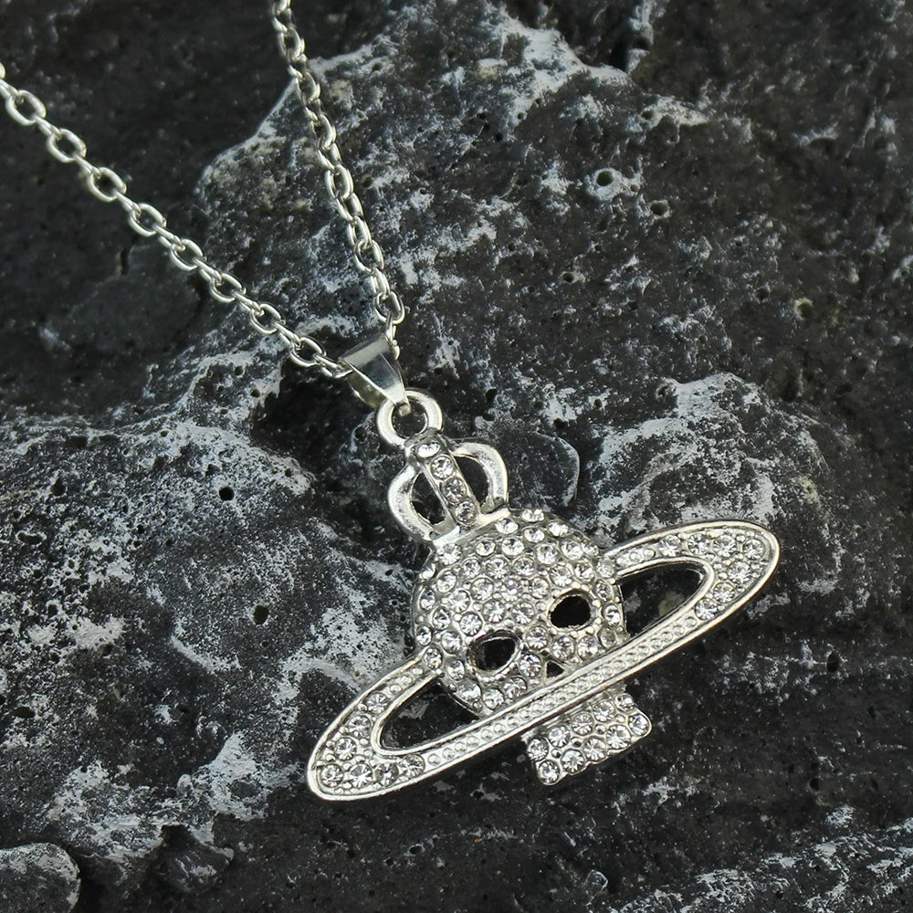 Fashion Rhinestone Skull Cross Saturn Couples Chain Silver Color Metal Necklace Punk Women Men Party Jewelry Gifts