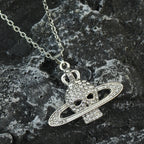 Fashion Rhinestone Skull Cross Saturn Couples Chain Silver Color Metal Necklace Punk Women Men Party Jewelry Gifts
