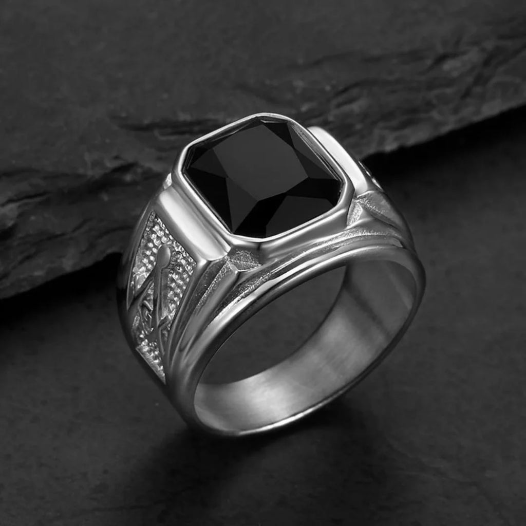 Hip Hop Mystic Masonic Symbol Shiny Black Crystal Ring Gold Color Stainless Steel  Freemasonry Rings for Women Men Jewelry Gift