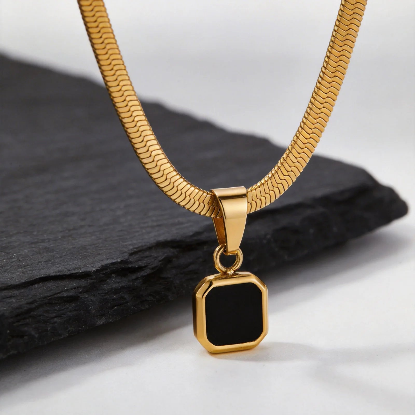 Vnox Geometric Square Natural Stone Pendant Necklace for Men, Gold Silver Color Stainless Steel Blade Chain, Trendy