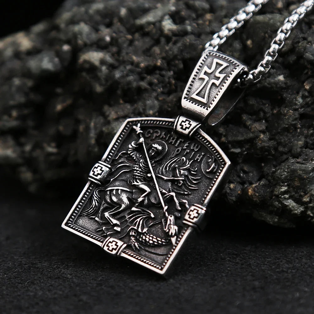 Retro Small Size Dragon Slayer St George Pendant For Men Stainless Steel Cross Biker Necklace Amulet Jewelry Gift