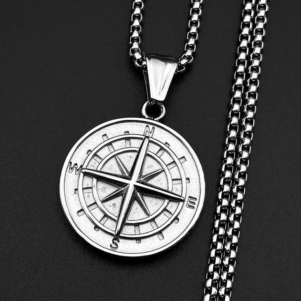 Compass Round Pendant Necklace Silver Color Stainless Steel Travel Adventure Gift Men Daily Street Casual Wear Chain Jewelry