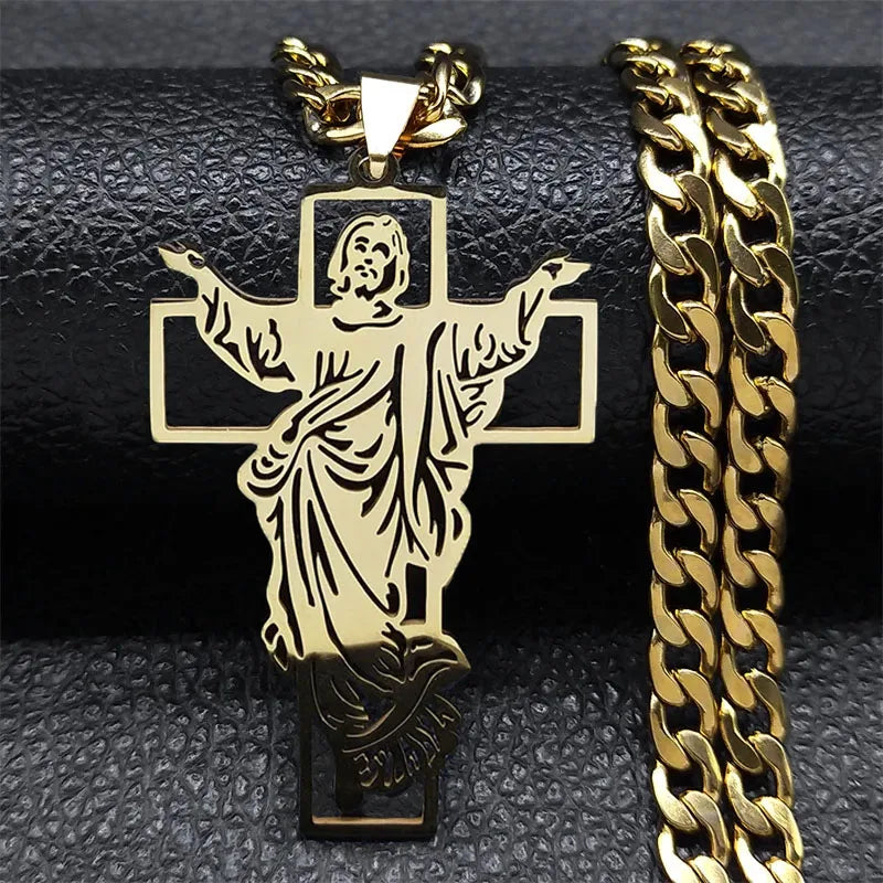 Hip Hop Punk Crown of Thorns Jesus Cross Necklace for Men Stainless Steel Gold Plated Crucifix Pendant Necklaces Jewelry N8052