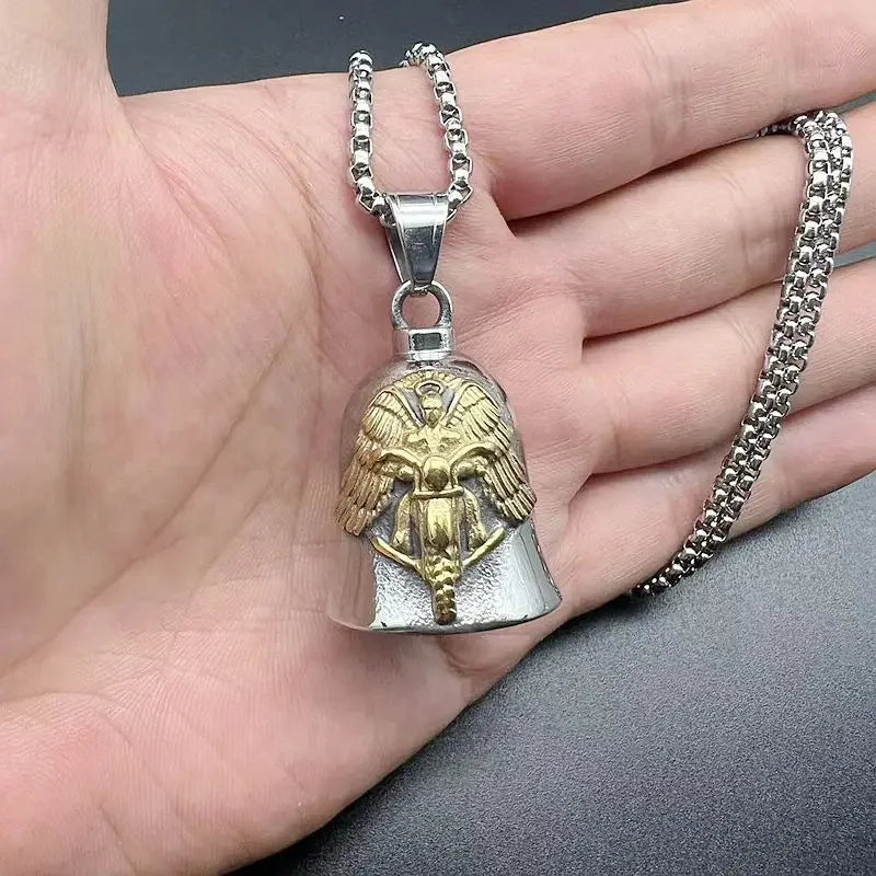 Pirate Skull Moto Bell Pendant Necklace — Gothic Motorcycle Rider