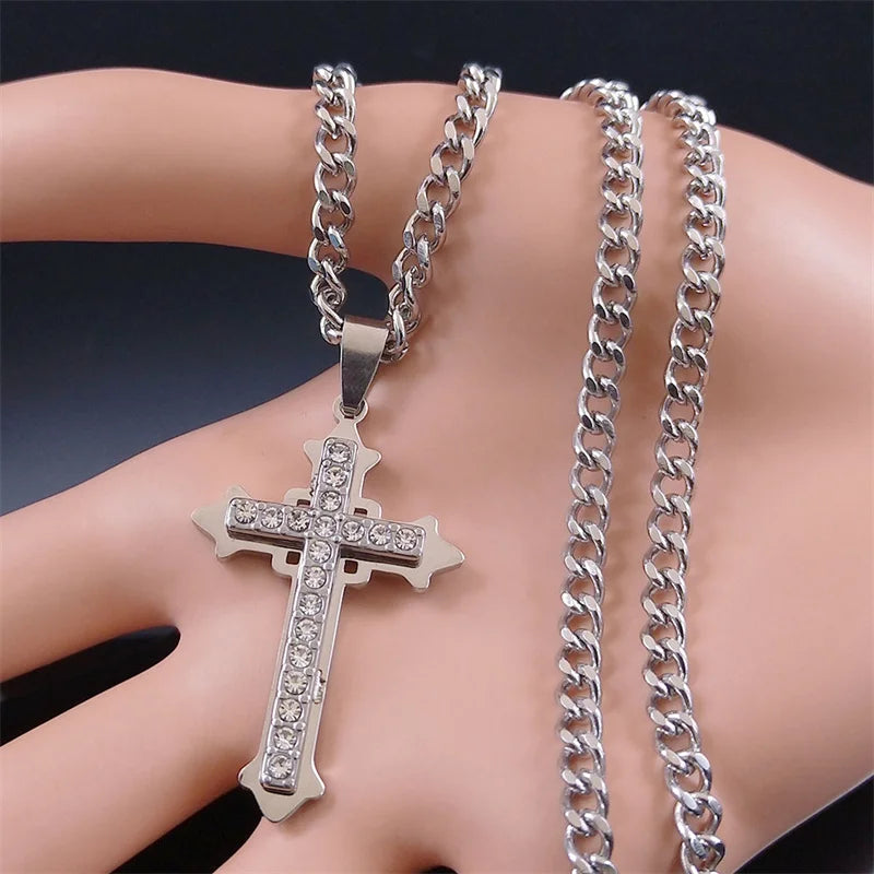 Gothic Cross Silver Pendant Christian Rhinestone