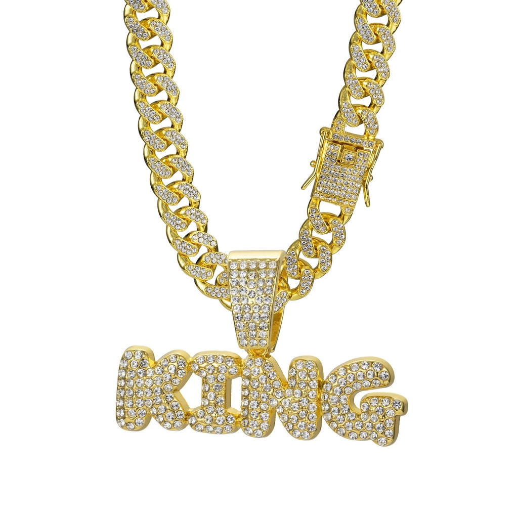 Men Hip Hop Bling KING Letter Pendant Necklace With Miami Cuban Link Chain Full Crystal  Necklaces Men Male Hiphop Charm Jewelry