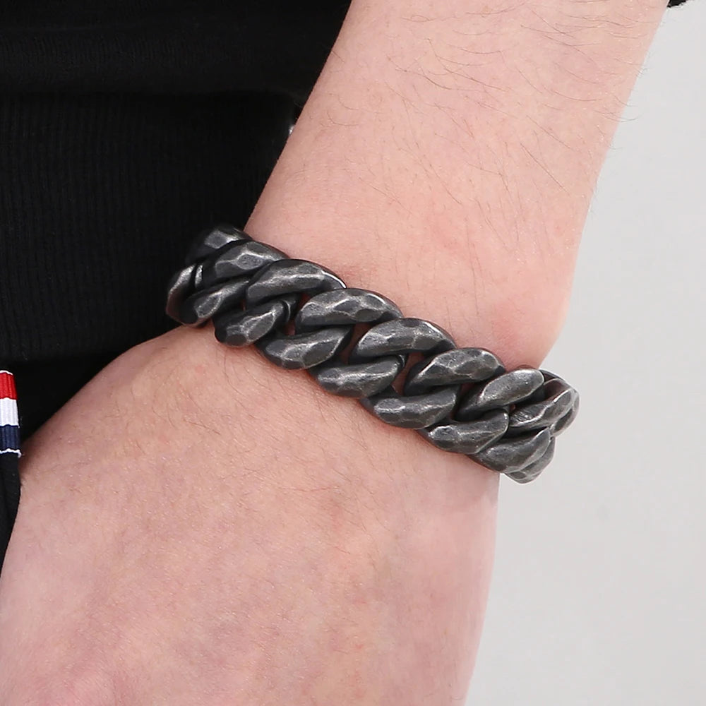 Vintage Black Cuban Link Chain Bracelet for Men 19MM Width Stainless Steel Men's Wristband Fashion Jewelry Accessory