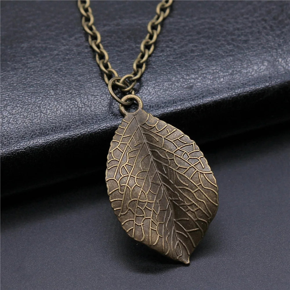 Vintage Leaf Pendant Necklace 35x20mm, Long Chain