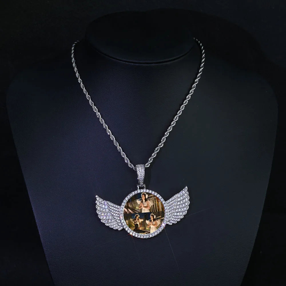 HHIOK Customized Necklaces Circle Chain Picture Personalized Diamond Memory Pendant with Photo Wing Design Gift for Men