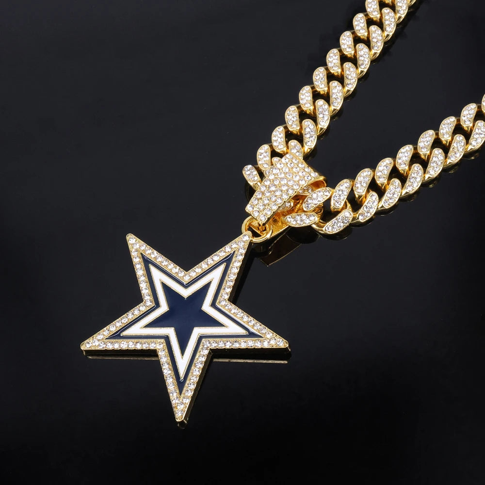 Men Women Hip Hop Five-Pointed Star Pendant Necklace,with Cuban Chain Punk Star Necklaces Fashion Jewelry,Sports Fan Gift Idea