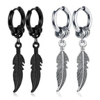 Feather Dangle Huggie Hoop Earrings for Men — Stainless Steel