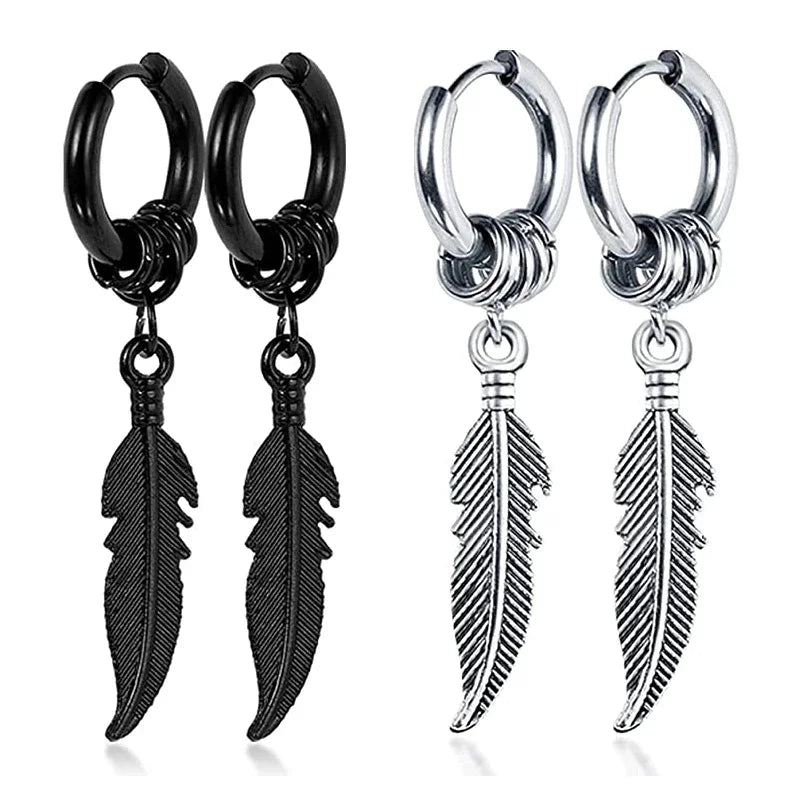 Feather Dangle Huggie Hoop Earrings for Men — Stainless Steel