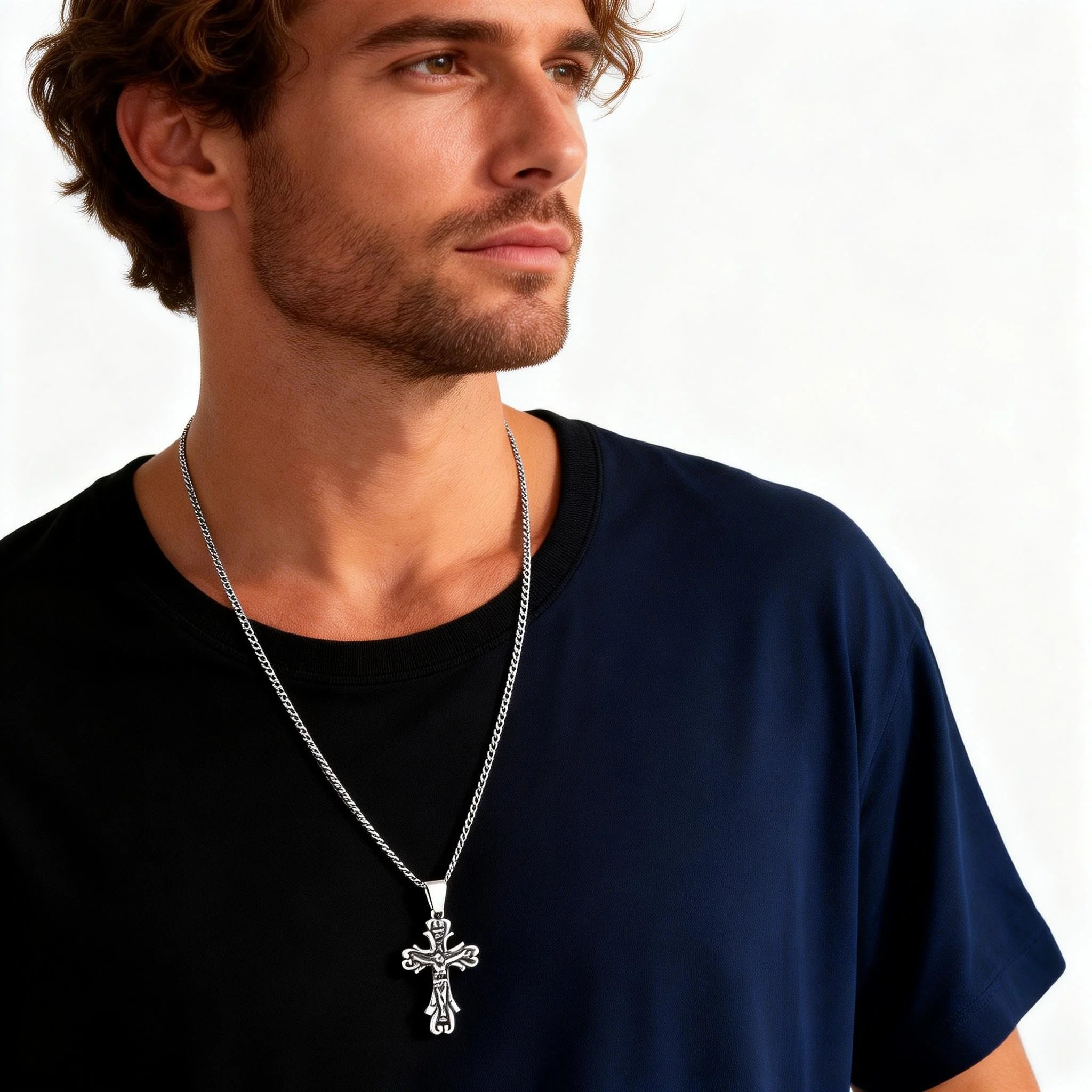 Gothic Cross Necklace for Men,Retro Grey Stainless Steel Crucifix Pendant Necklace,Vintage Punk Jewelry Gift
