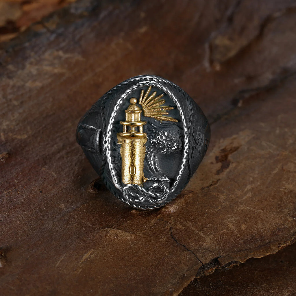 Retro Ocean Lighthouse Ring for Men — Stainless Steel