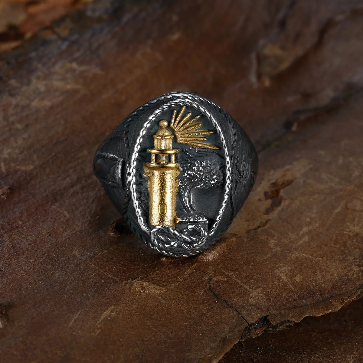 Retro Ocean Lighthouse Ring for Men — Stainless Steel