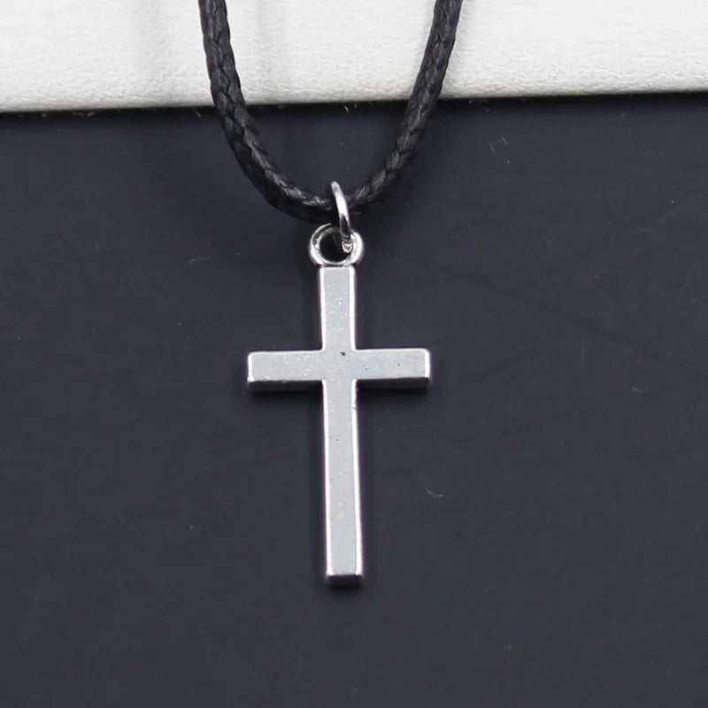 Double Sided Cross Pendant Choker — Black Faux Leather Cord