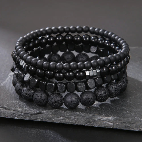 4PC Volcano Stone Black Gallstone Beaded Bracelets for Men Trendy Fashion Lava Wood Beads Bracelet Set Combination Hip