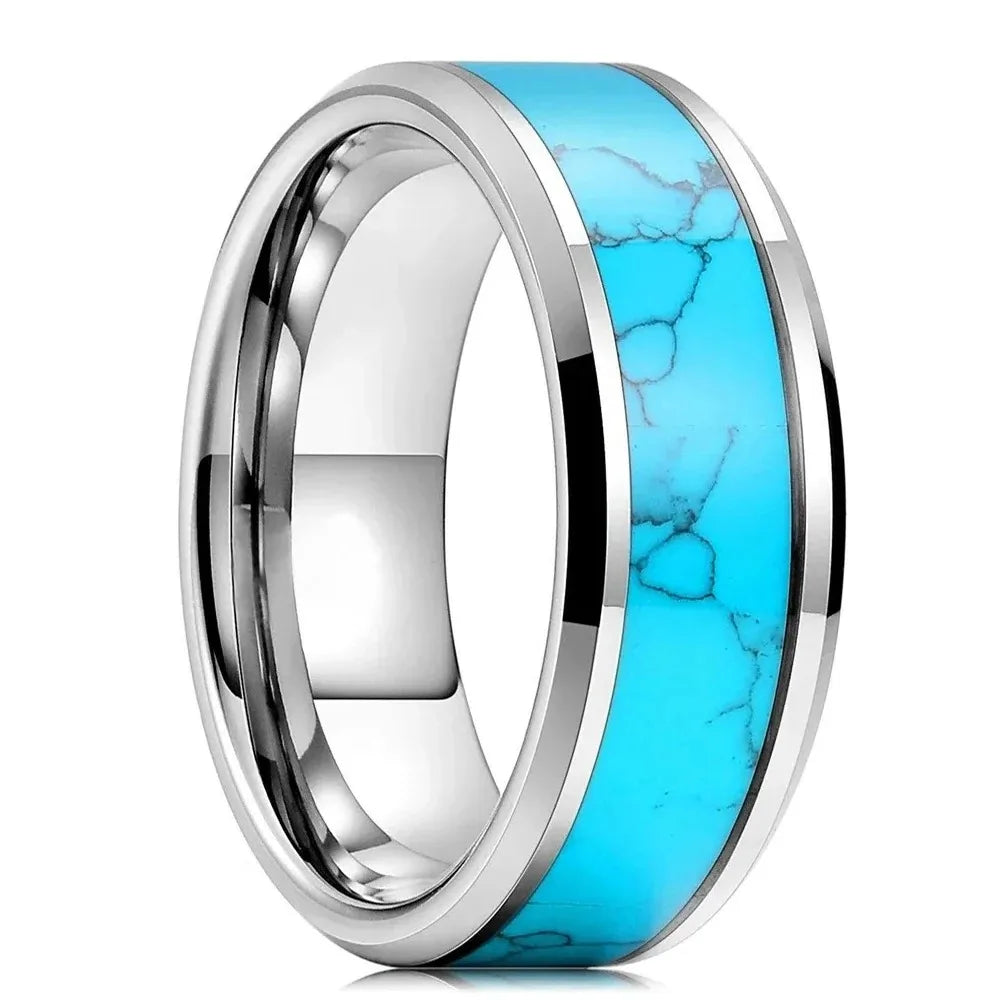 Fashion 8mm Men Stainless Steel Rings Inlay Meteorite Abalone Shell Rings For Men Women Wedding Engagement Band Jewelry