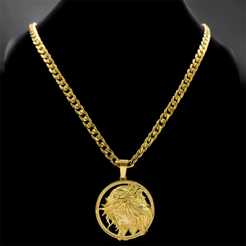 Jesus Crown of thorns Men's Necklace Stainless Steel Gold Color Chain Crucifix Medal Male Neckalces Religious Jewelry