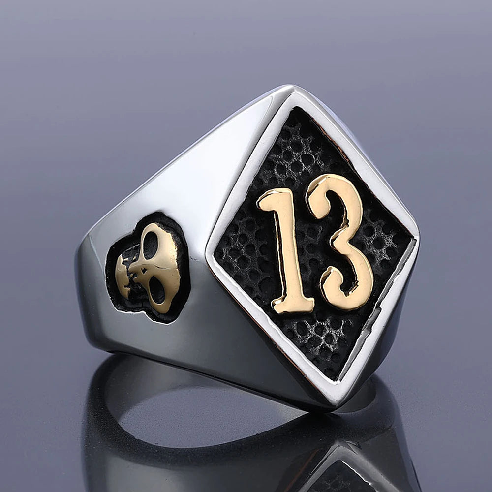 Lucky 13 & 7 Skull Biker Ring for Men — Stainless Steel