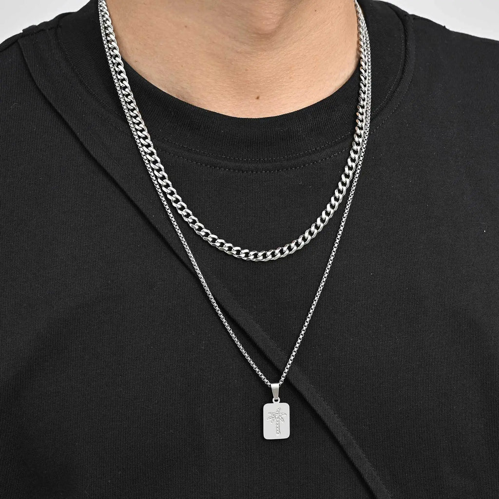 Stylish Men's Layered Necklace,Waterproof Stainless Steel Square Metal Necklace with Mini Zircon,Hip Hop Stacked Collar