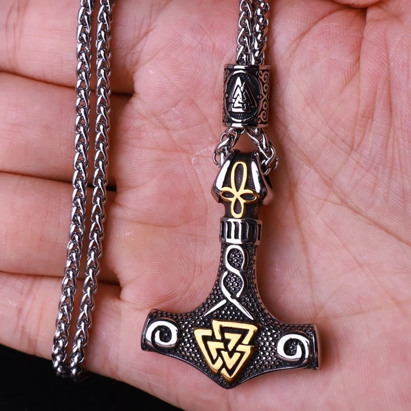 Multi Style Beaded Viking Thor's Hammer Pendant Necklace Stainless Steel Necklace Men Biker Mjolnir Amulet Jewelry