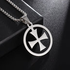 Templar Cross Round Medal Pendant Necklace — Stainless Steel
