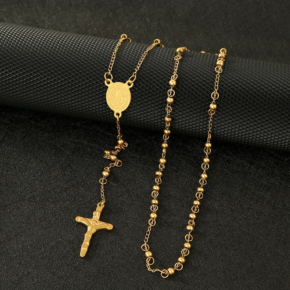 Rosary Beads Necklace Jesus Cross Pendant 4mm — Stainless Steel