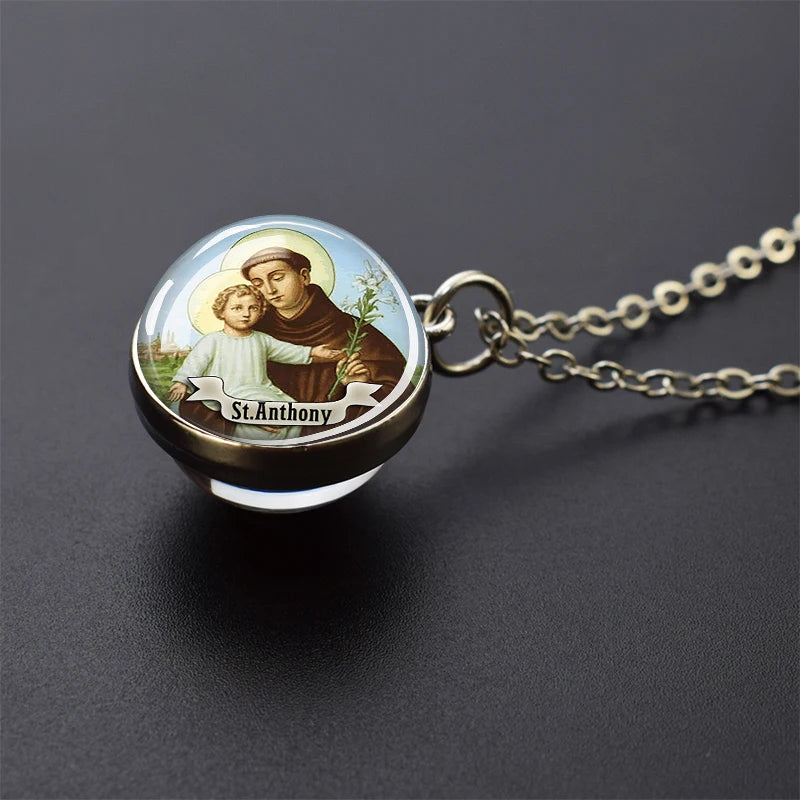 Jesus and Virgin Mary Necklace Saint Michael Jude Anthony Patrick Paul Glass Ball Pendant Religious Jewelry Christian Gift