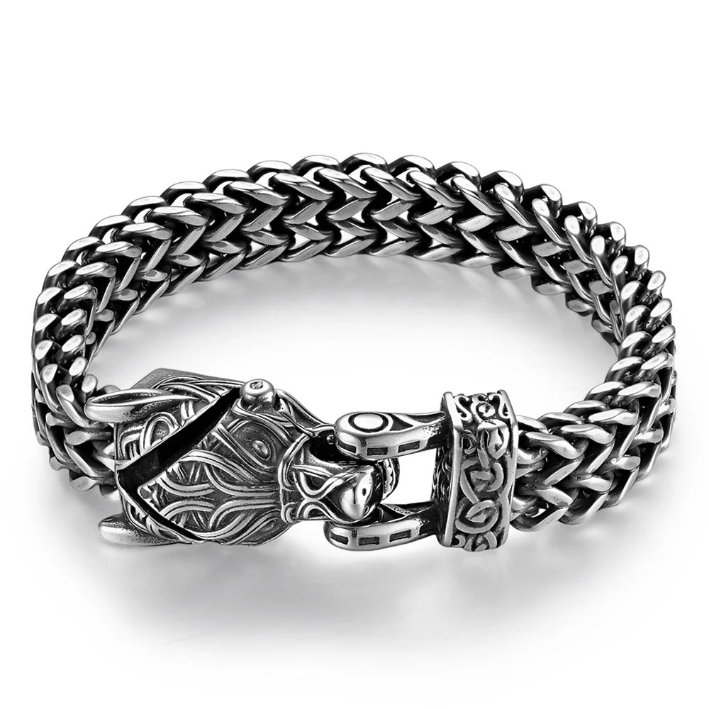 Nordic Viking Jewelry Punk Wolf Dog Snake Eagle Head With Double Mesh Link Chain Man Bracelet for Mn 19/21/23CM Long