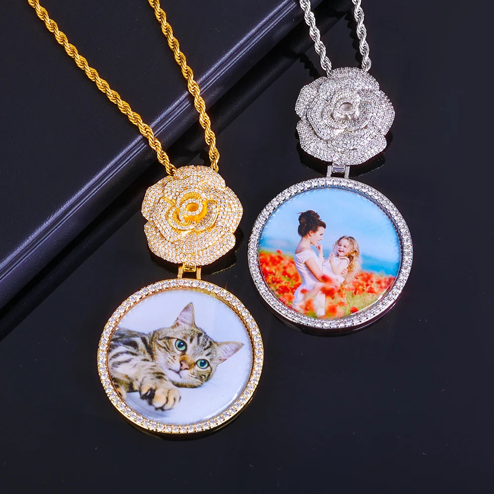 Statement Photo Pendant Necklace Rose Medallion