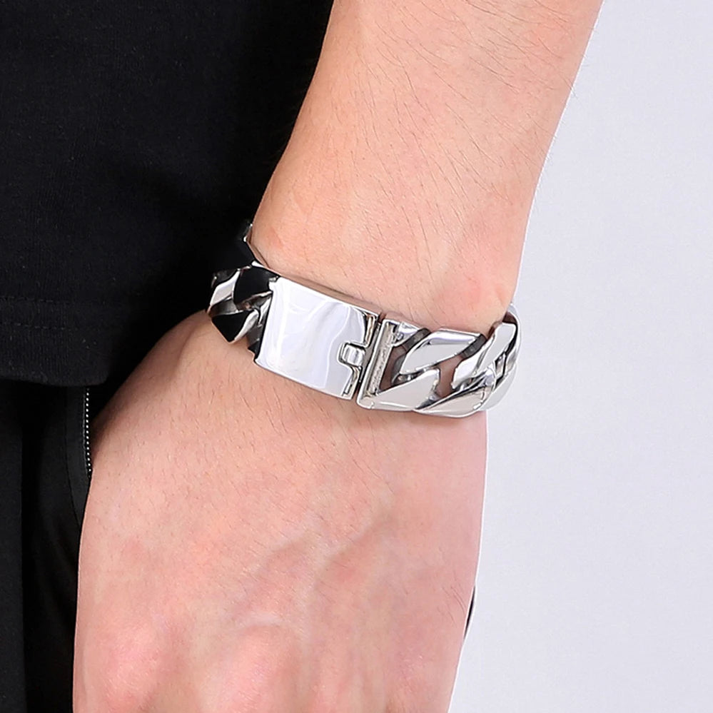 20MM Curb Cuban Chain Men Bracelet for Man Polished Brushed Waterproof Gold Color Stainless Steel Wristbands New In