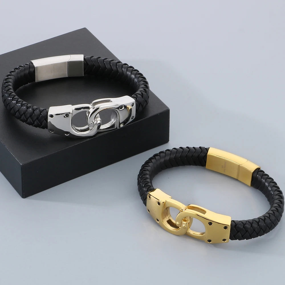 Braided Leather Handcuffs Style Men's Wrap Bracelet Stainless Steel Charm Bracelet for Men Gold Color Jewelry Logo