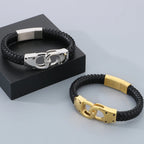 Braided Leather Handcuffs Style Men's Wrap Bracelet Stainless Steel Charm Bracelet for Men Gold Color Jewelry Logo