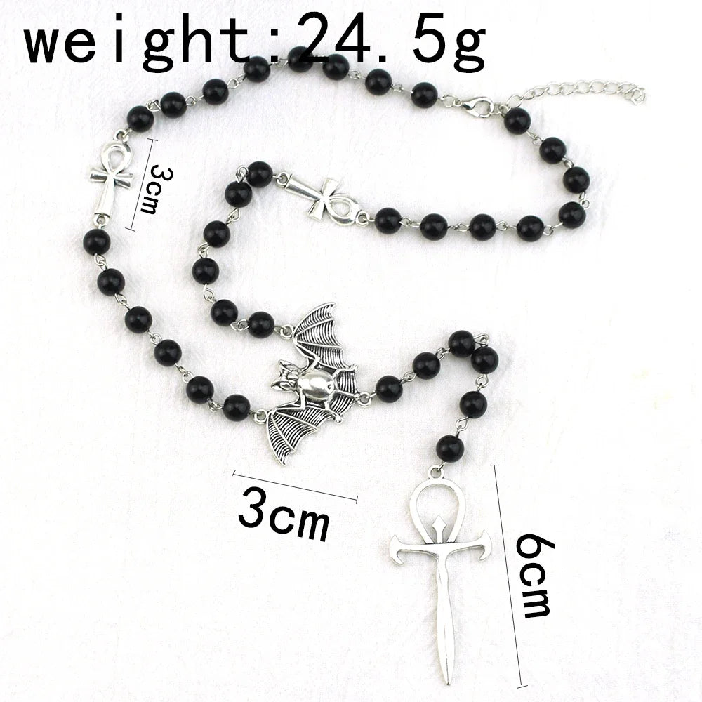 Gothic Bat Cross Rosary Necklace for Women Fashion Mystery Witch Jewelry Accessories Gift Silver Color Bat Charm Vampire Choker