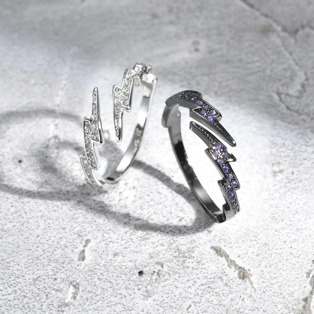 Iced Out Zircon Lightning Open Ring — Stainless Steel