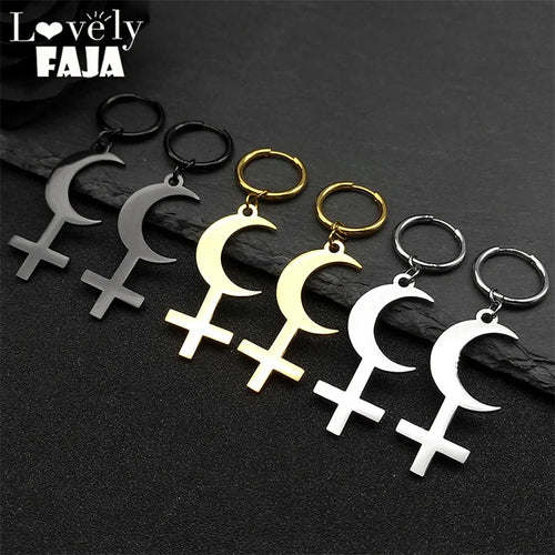 Cross Moon Gold Earrings Crescent Inverted Astrological