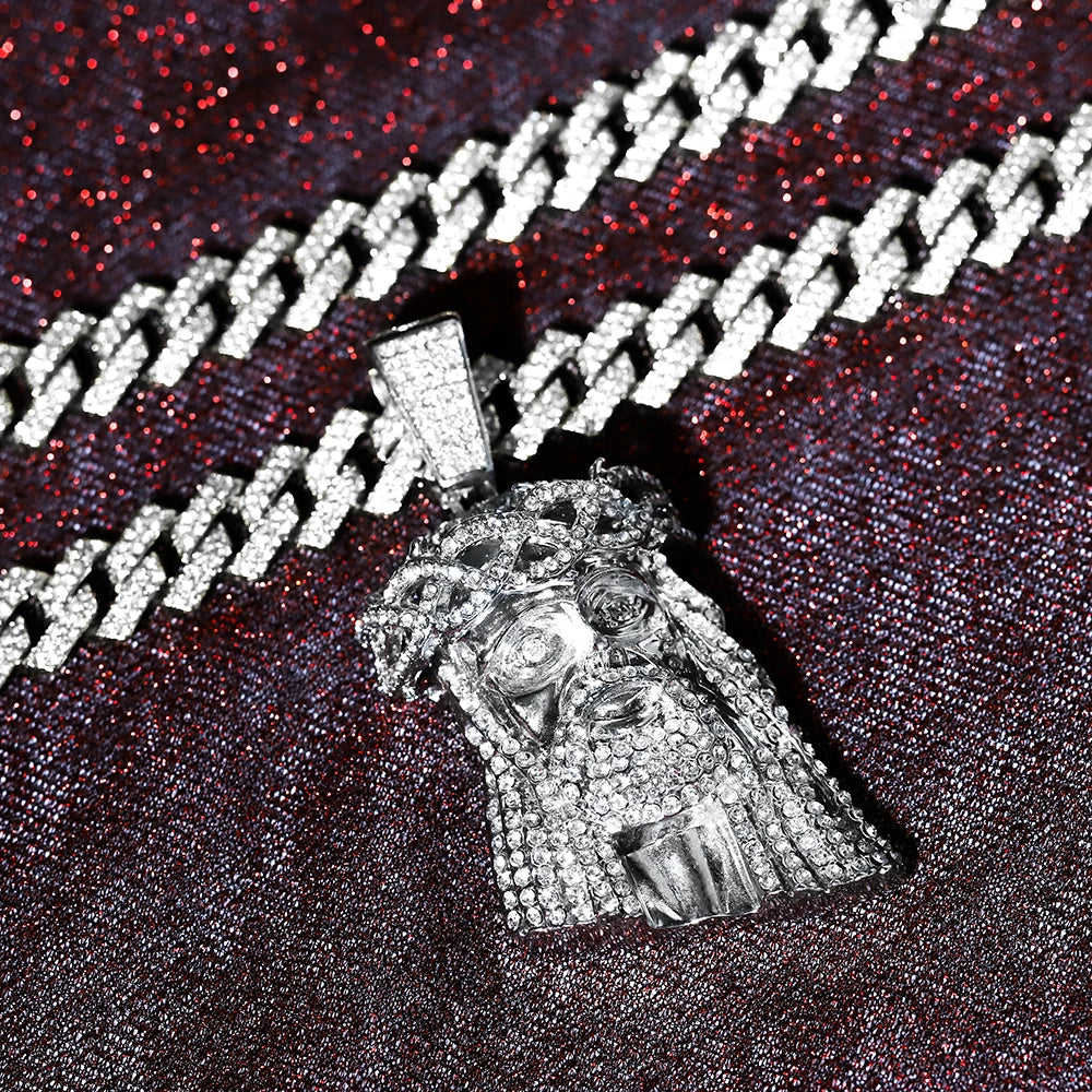 Men Women Hip-hop Punk Jesus Pendant Necklace Stylish Iced Out Full Inlaid Diamonds Cuban Chain+ Large Pendant Jewelry Gift