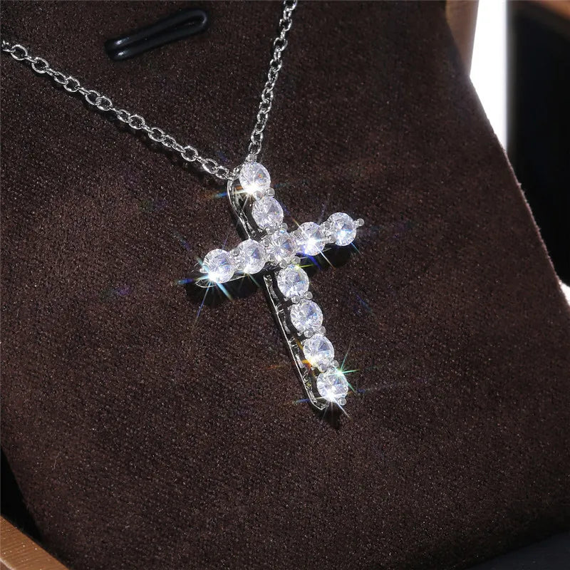 925 Sterling Silver Cross Necklaces for Female Brilliant Round CZ Stone Women's Neck Chain Hiphop Party Jewelry