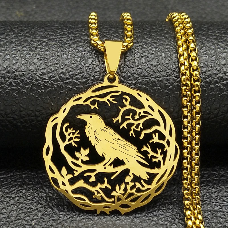 Tree Of Life Steel Pendant Gothic Crow Bird Raven