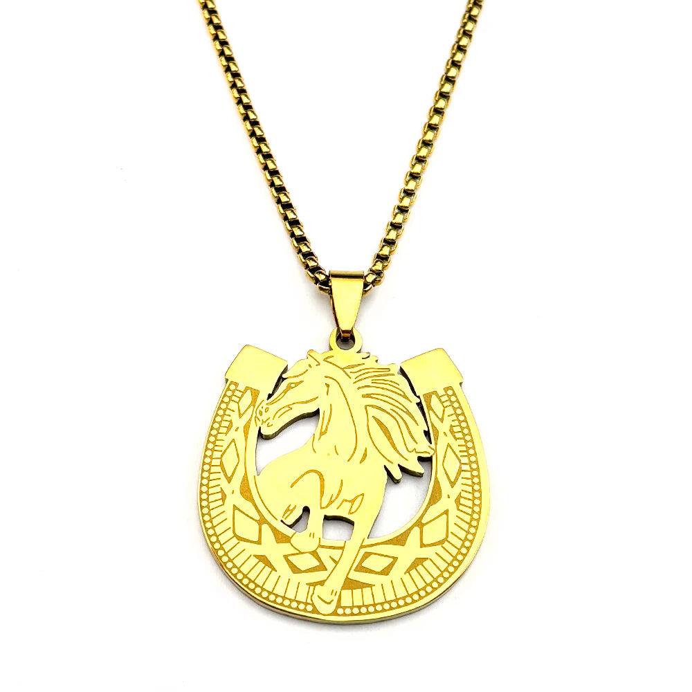 Horseshoes Horses U Shape Pendant Necklace For Women Men Stainless Steel Gold Color Animal Cowboy Male Daily Wear Chain Jewelry