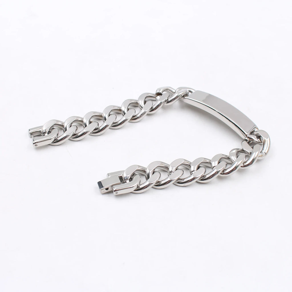 Heavy Curb Chain ID Bracelet 15mm Wide Smooth — Stainless Steel