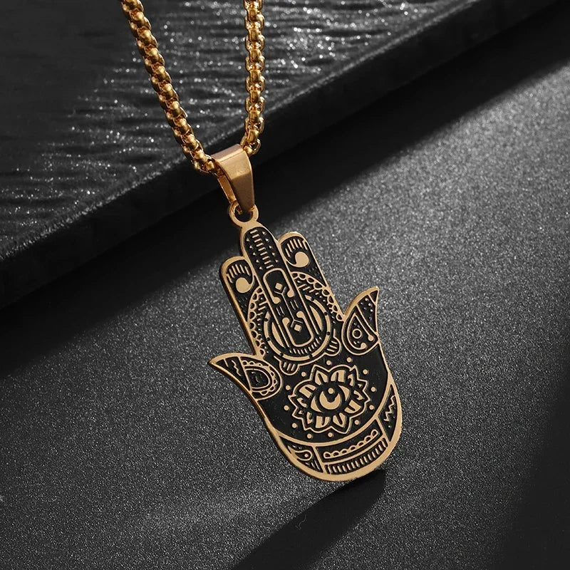 Hamsa Hands of Fatima Hebrew Pendant Stainless Steel Jerusalem Star of David Necklace Women's Jewish Jewelry