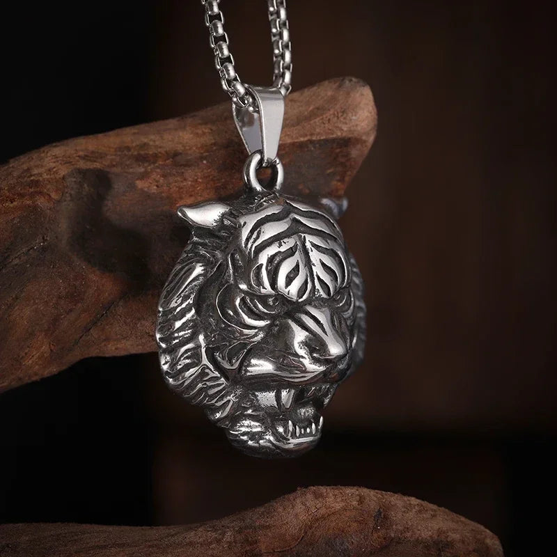 Domineering Ferocious Tiger Head Pendant Stainless Steel Animal Necklace Men's Punk Trend Cool Jewelry Boy Gift