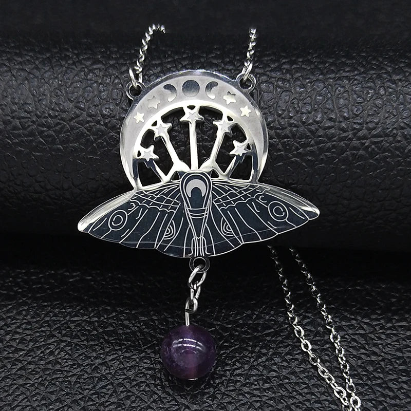 Bat Witchcraft Triple Moon Goddess Necklace Stainless Steel Women Silver Color Moth Necklace Jewerly Collar Mujer N3059S02