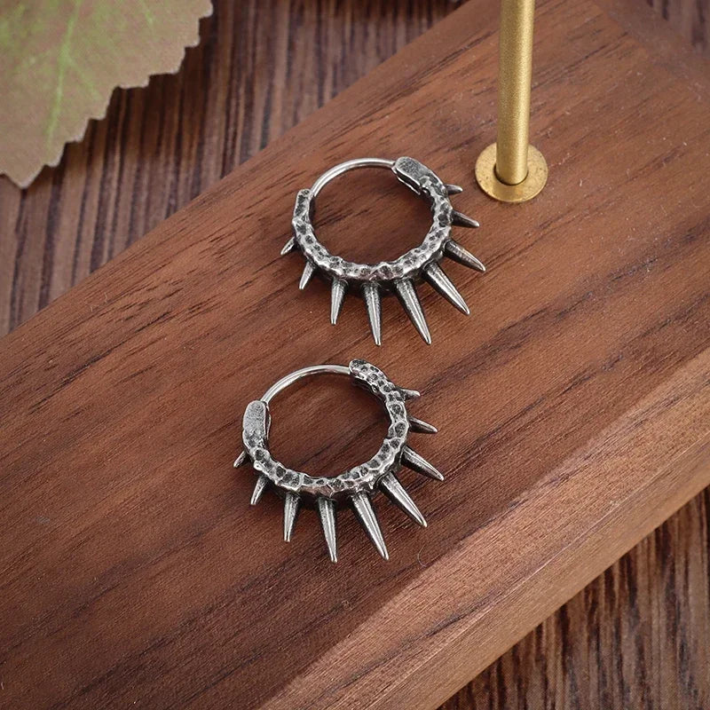 Gothic Spiked Hoop Earrings Small Textured Huggie — Two-Tone