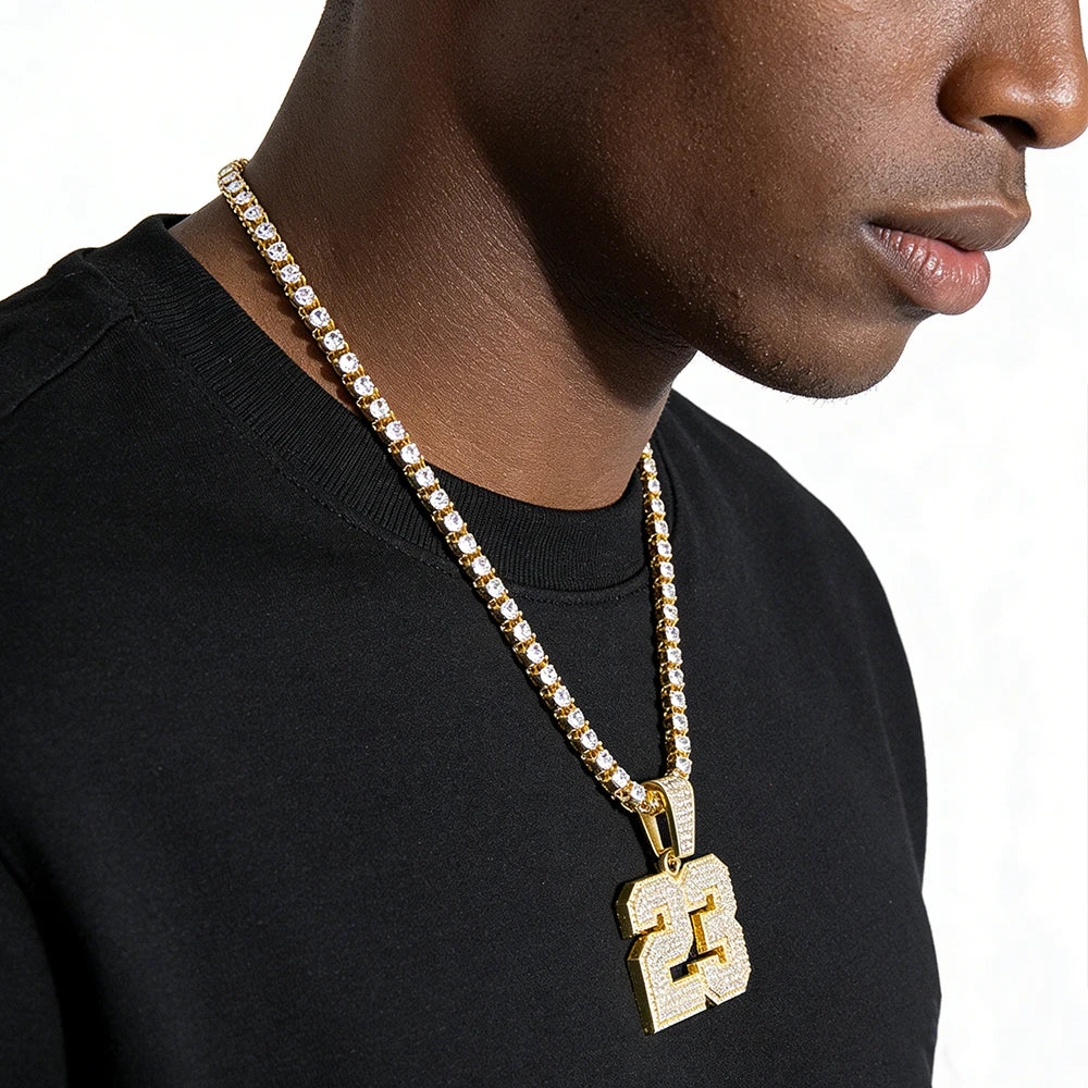 2026 Hip Hop Number 23 Pendant Necklace 4mm Rhinestone Tennis Chain Sparkling Punk Jewelry for Men Women Fashion Accessory Gift